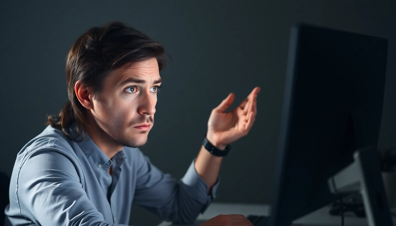 Inatogel website access blocked, user showing frustration at computer screen.
