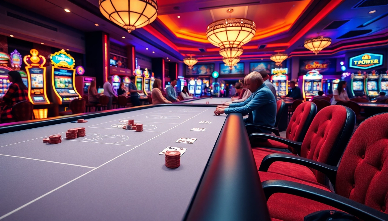 Experience the vibrant atmosphere of TPower casino with players engaged at modern gaming tables.