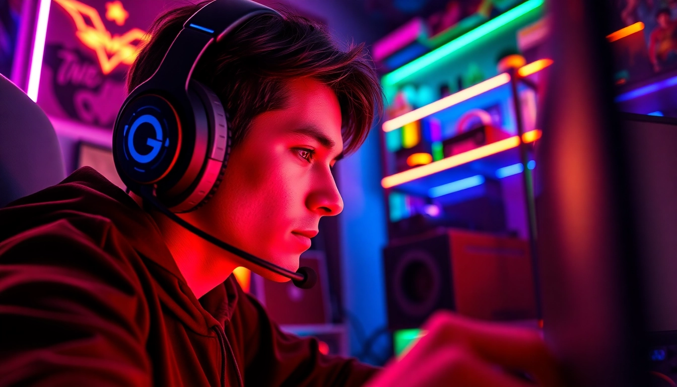 Menampilkan seorang gamer yang berfokus pada game batman138 dengan pencahayaan LED yang cerah