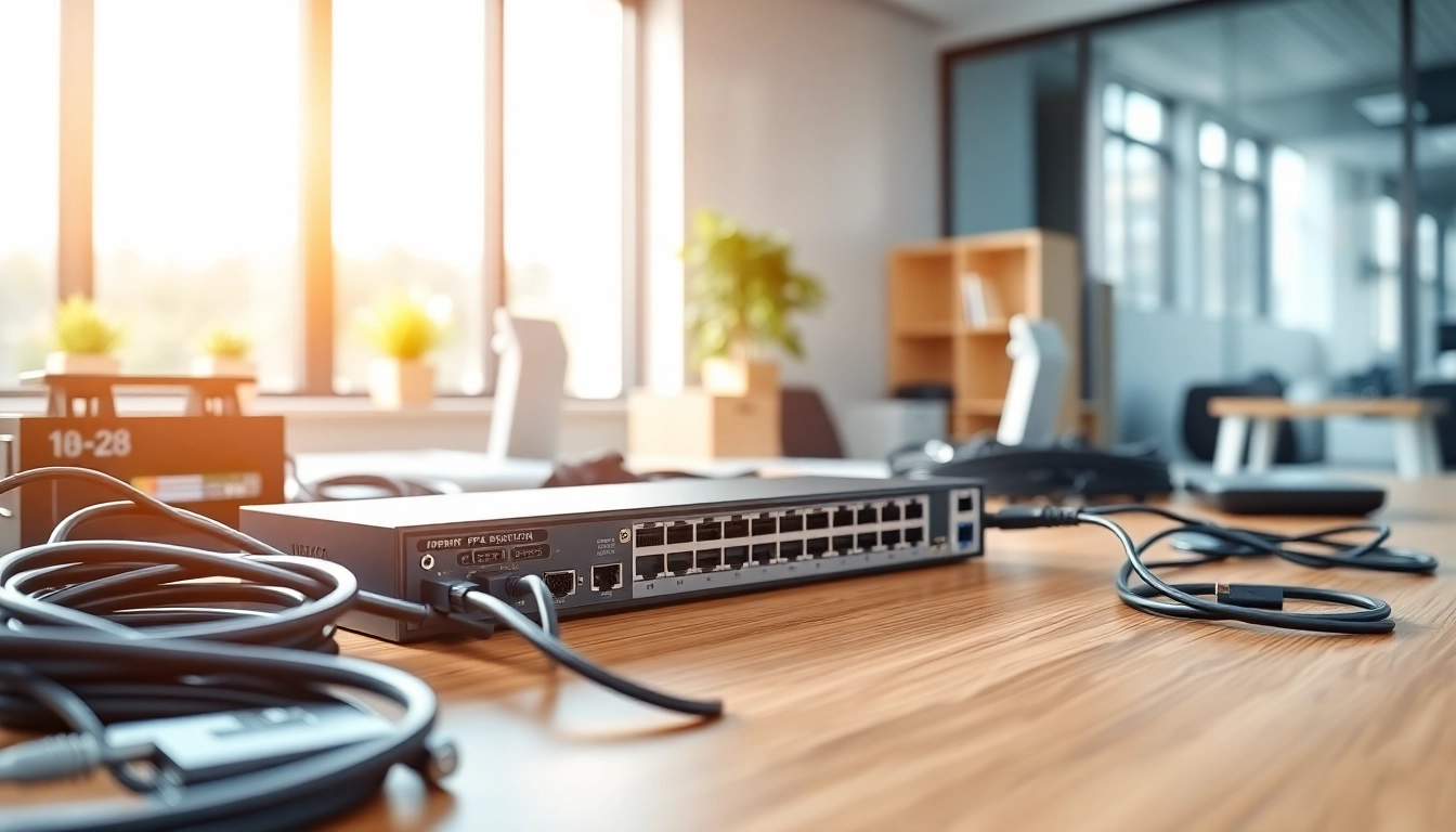 Showcasing a professional POE Switch in a modern office environment with organized network cables.