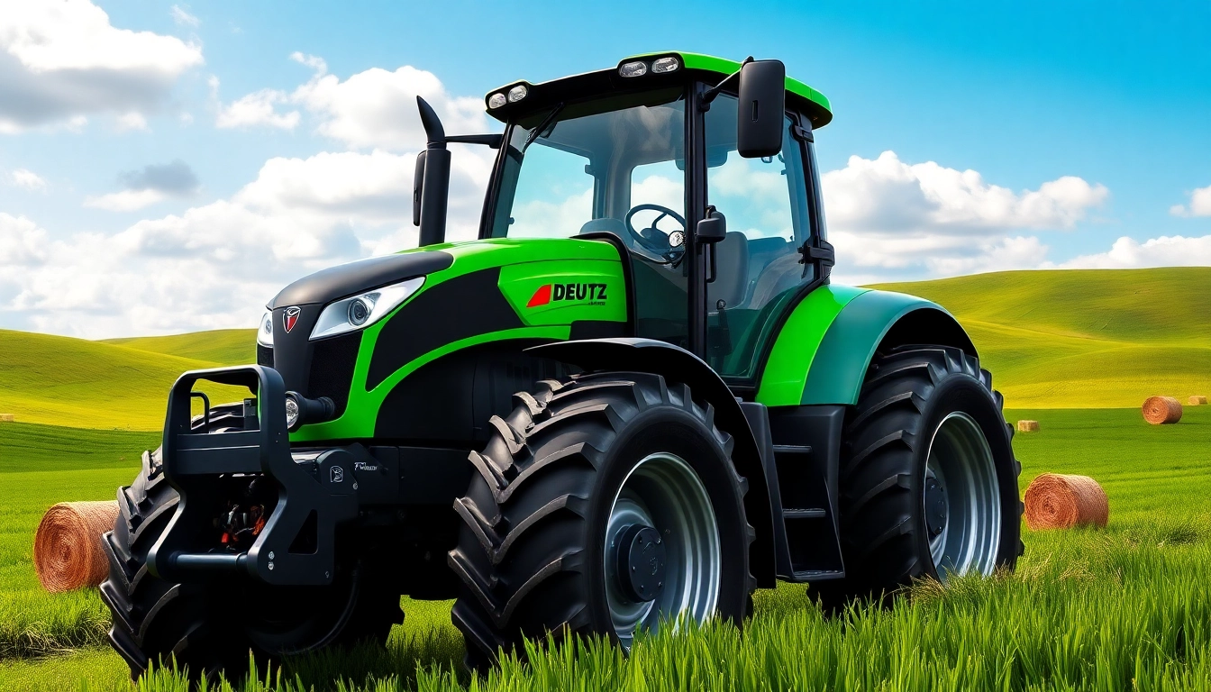 Deutz Fahr Traktor in einem grünen Feld, majestätisch und leistungsstark dargestellt.