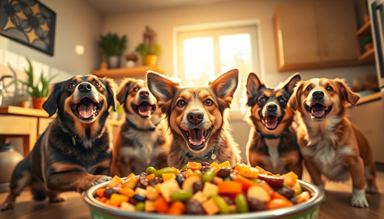 Happy dogs savoring nature's blend dog food Canada in a cozy kitchen.