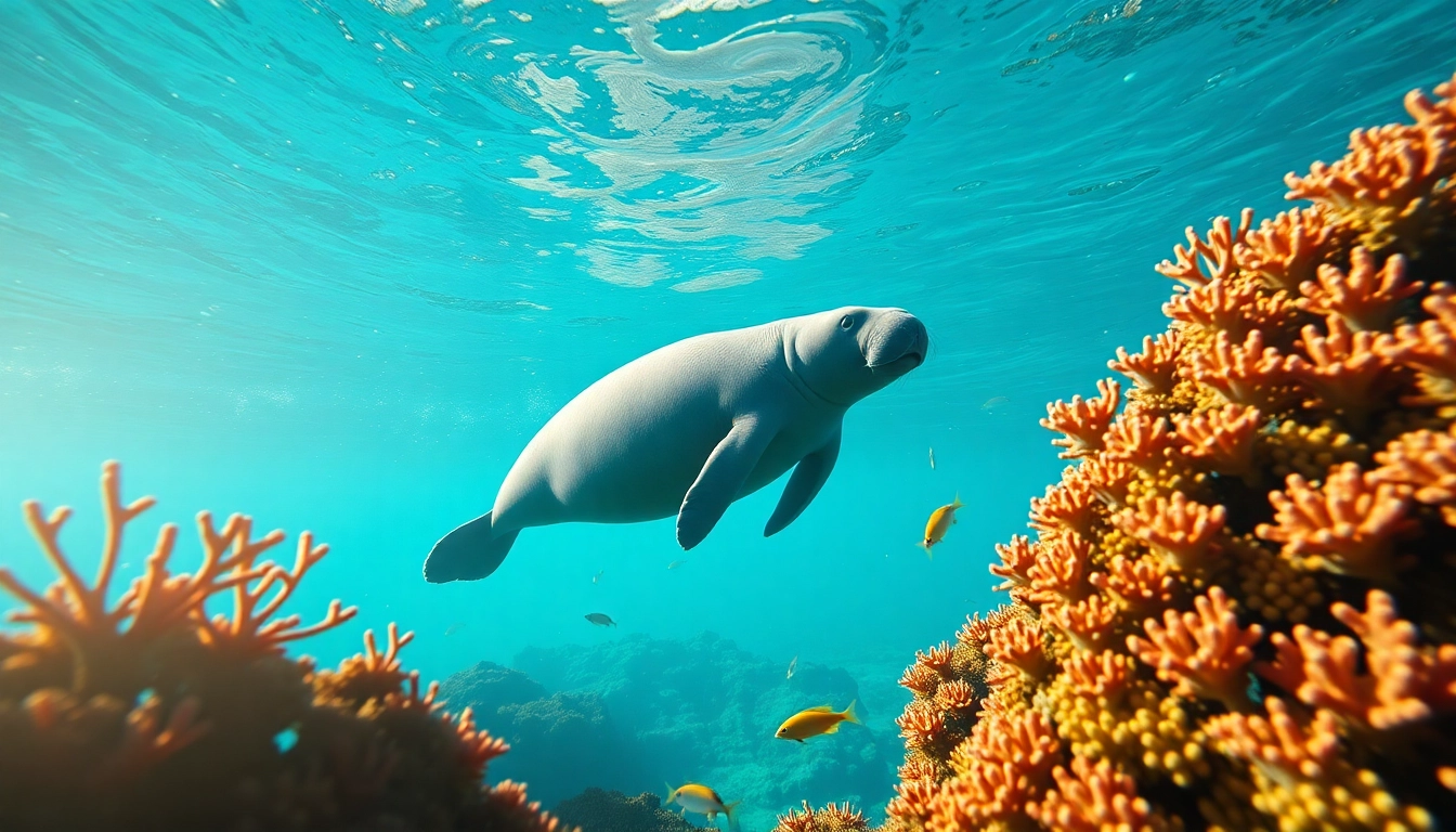 View of manatees puerto rico swimming gracefully in crystal-clear waters surrounded by coral reefs.