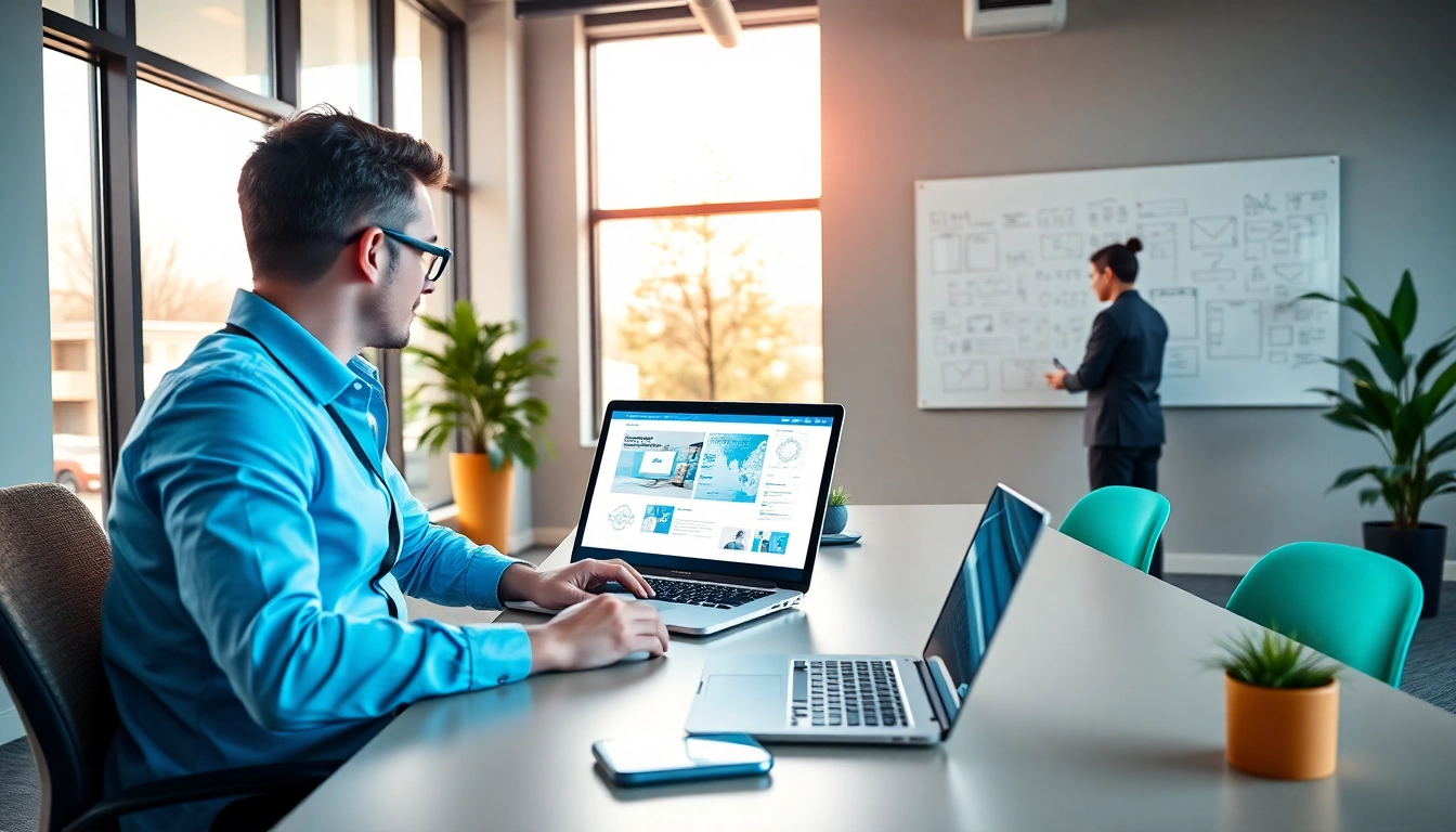 Showcasing edmonton web design collaboration between a designer and a client in a modern office.