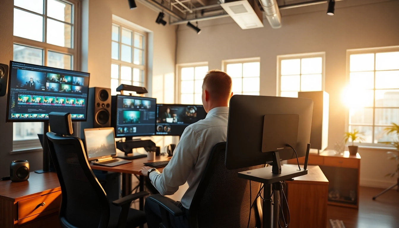 Editing & Post-Production scene featuring a video editor in a bright studio workspace with multiple monitors.