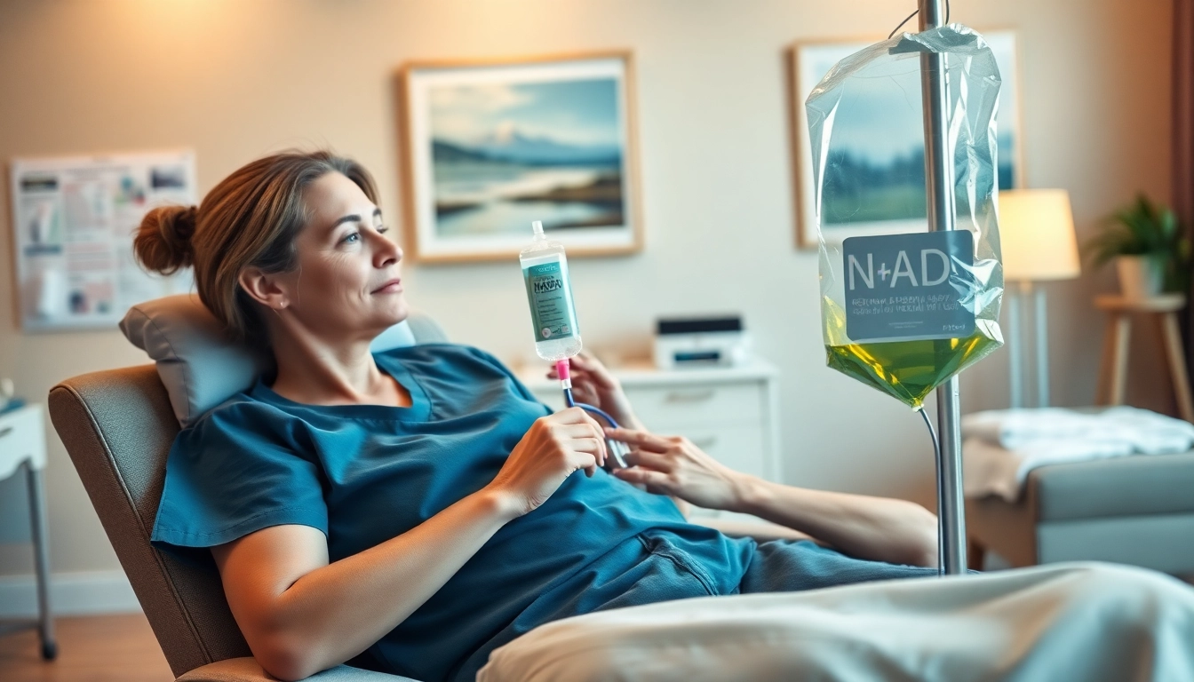 Receive NAD+ IV therapy near me in a serene healthcare environment with a caring nurse.