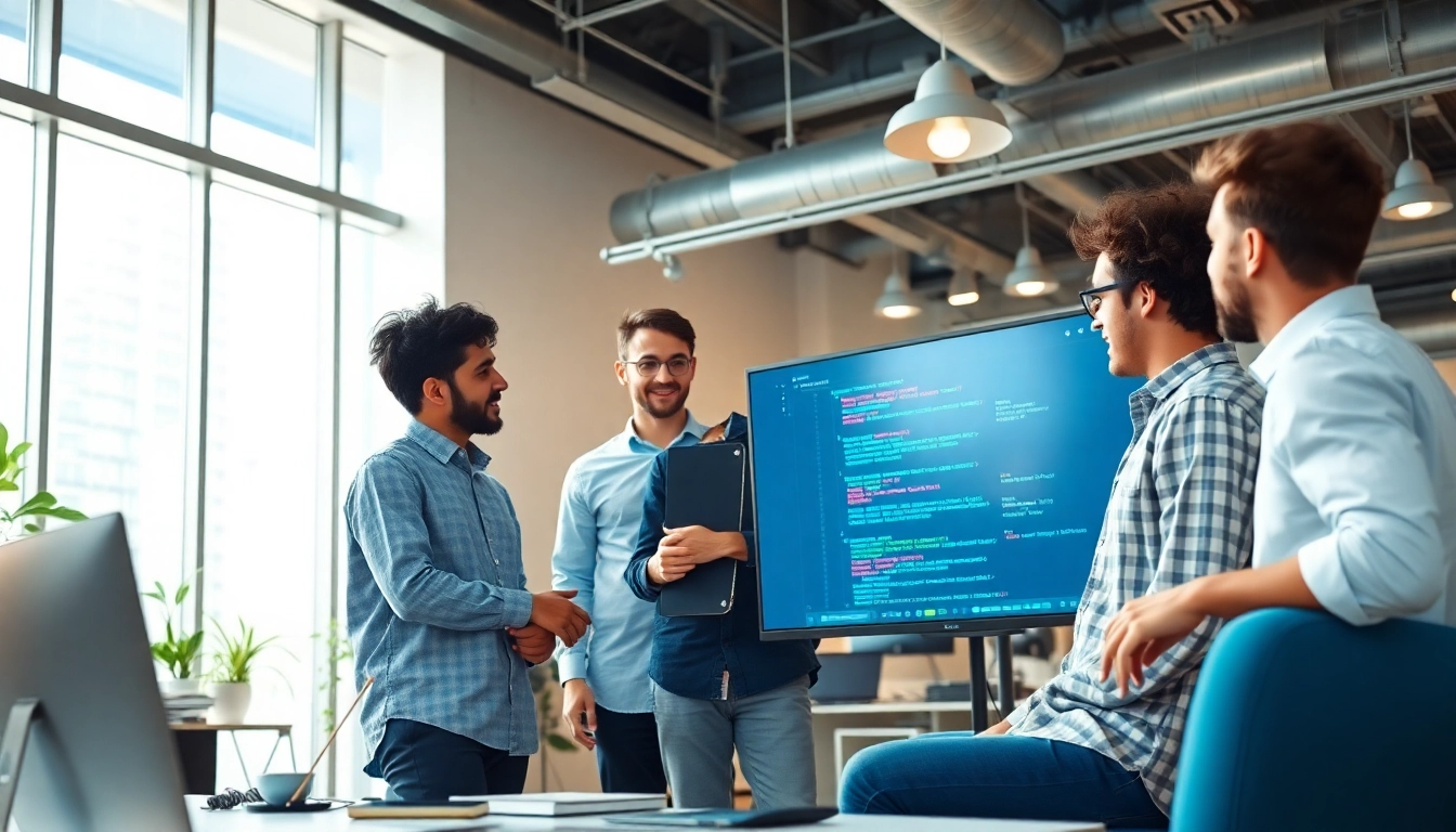 Team of developers collaborating on web development projects in a modern office