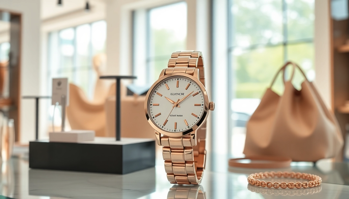 Damen Armbanduhren in einem eleganten Geschäft, das modernes Design und Handwerkskunst zeigt.