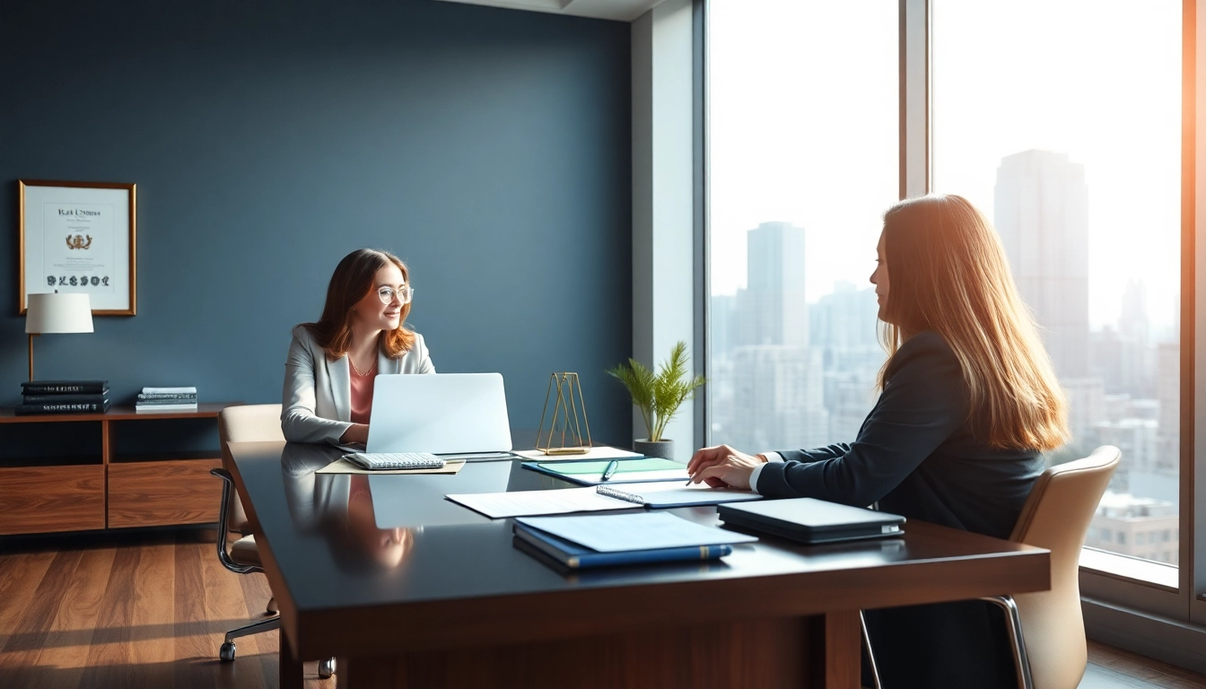 Real estate lawyer consulting clients in a modern office, showcasing professionalism and expertise.
