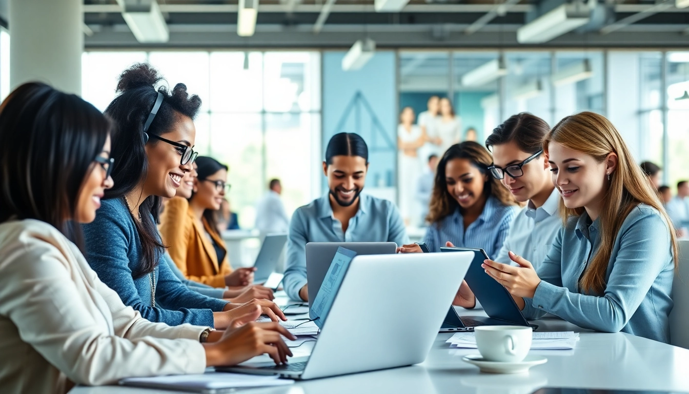 Virtual Assistants collaborating in a professional workspace, emphasizing teamwork and productivity.