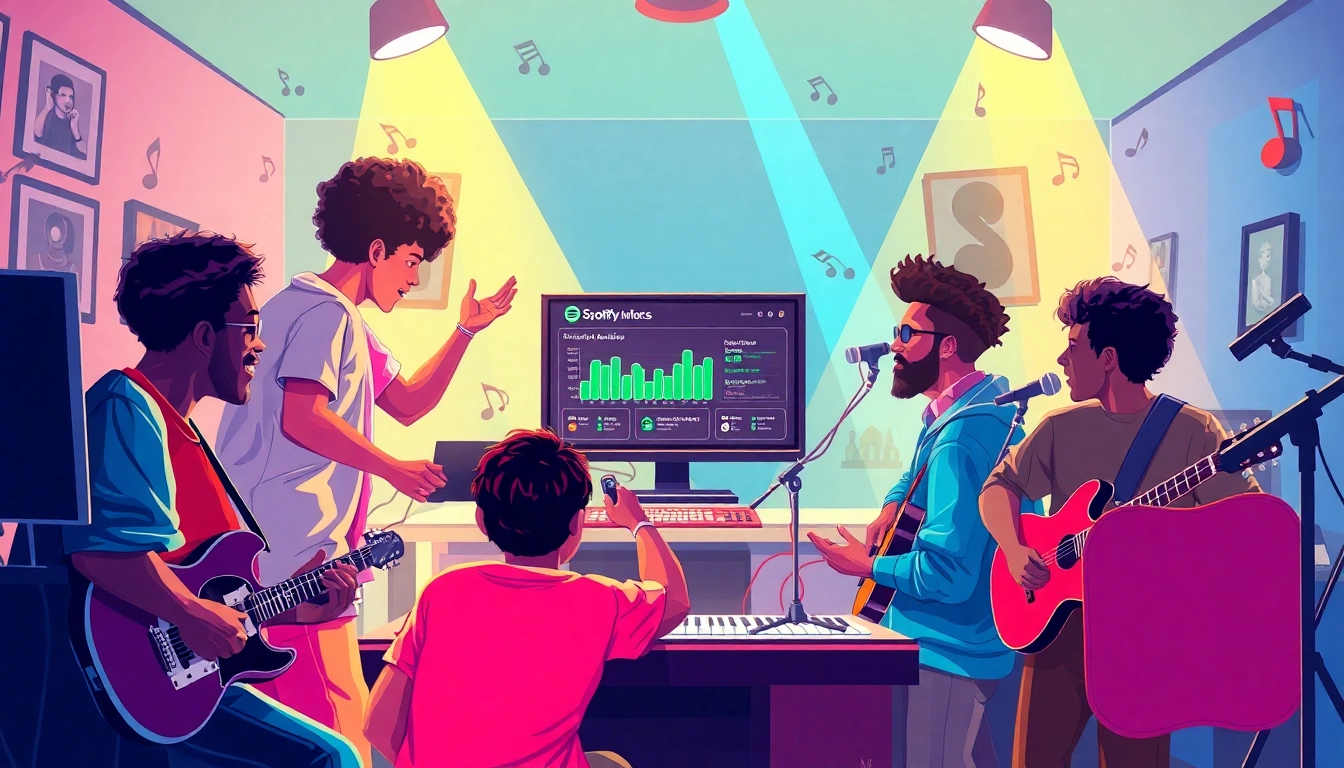 Showcase diverse artists engaging in spotify promotion within a vibrant music studio.