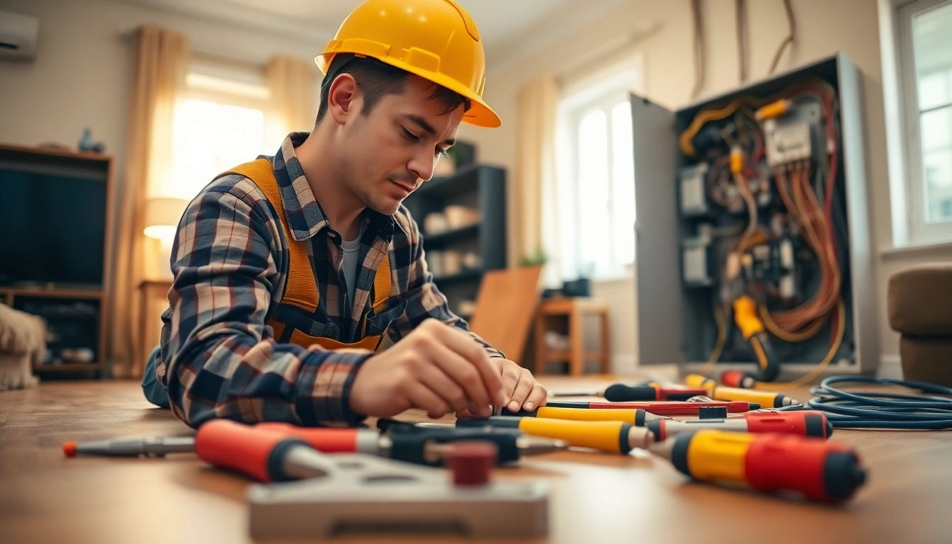 Electrician working on residential wiring project with focused attention and tools nearby.