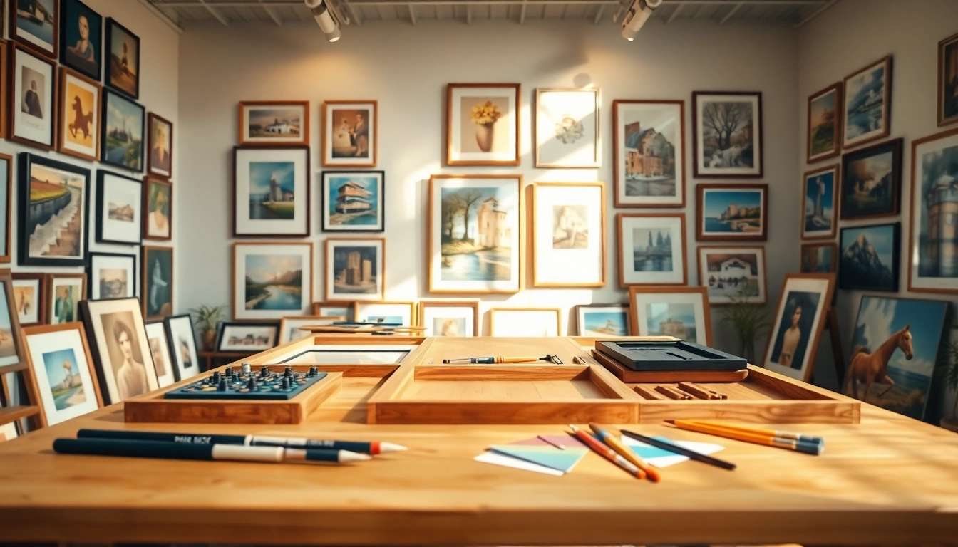 Showcase of framed wall art in a professional framing studio, highlighting artistic styles.