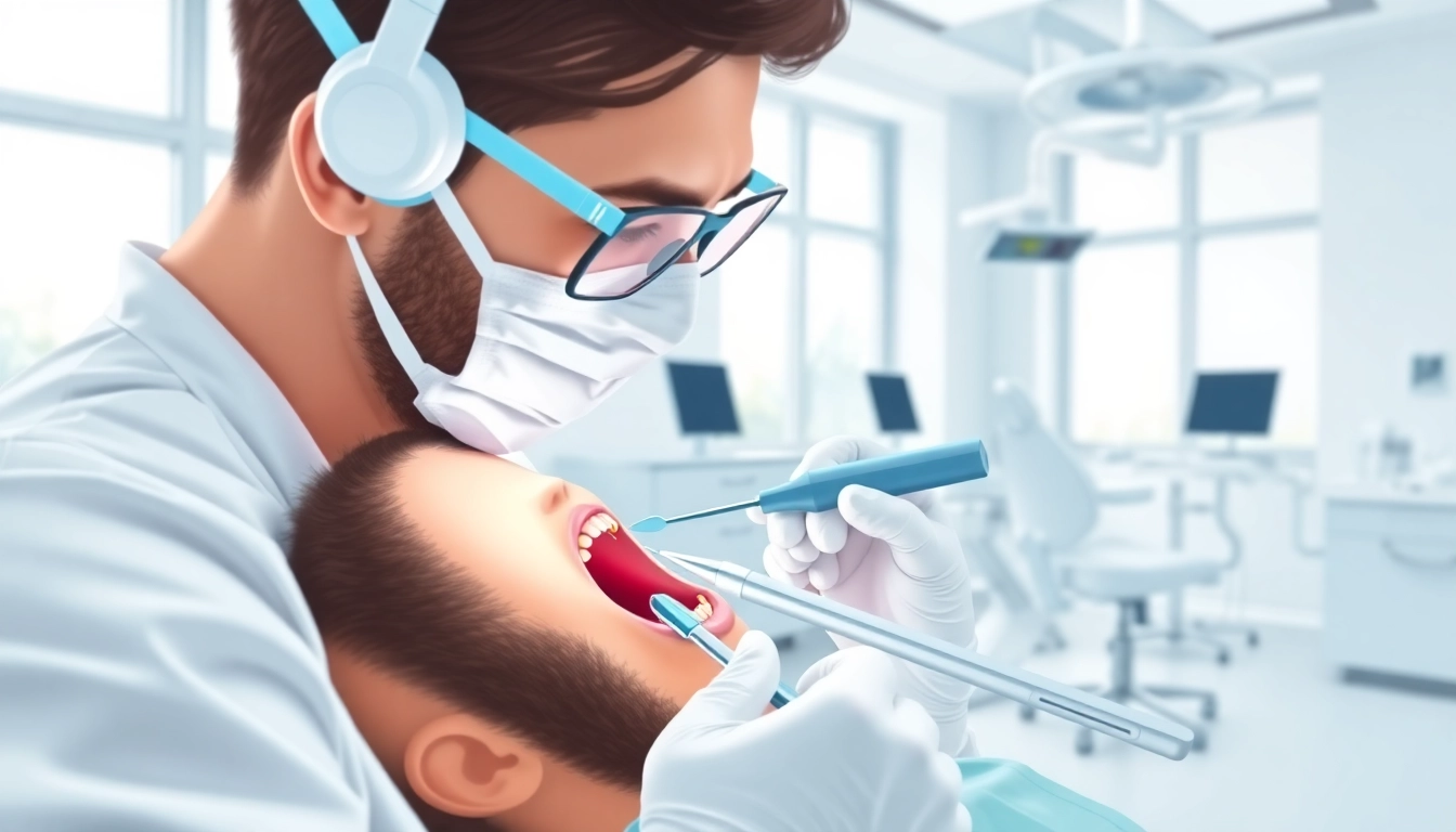 Show dentist performing fillings and restorative work in a bright clinic.