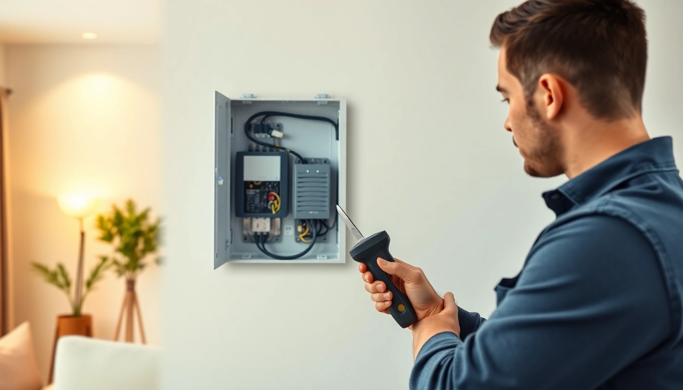 Technician installing an Electrical Panel in a well-lit home, ensuring safe electrical connections.