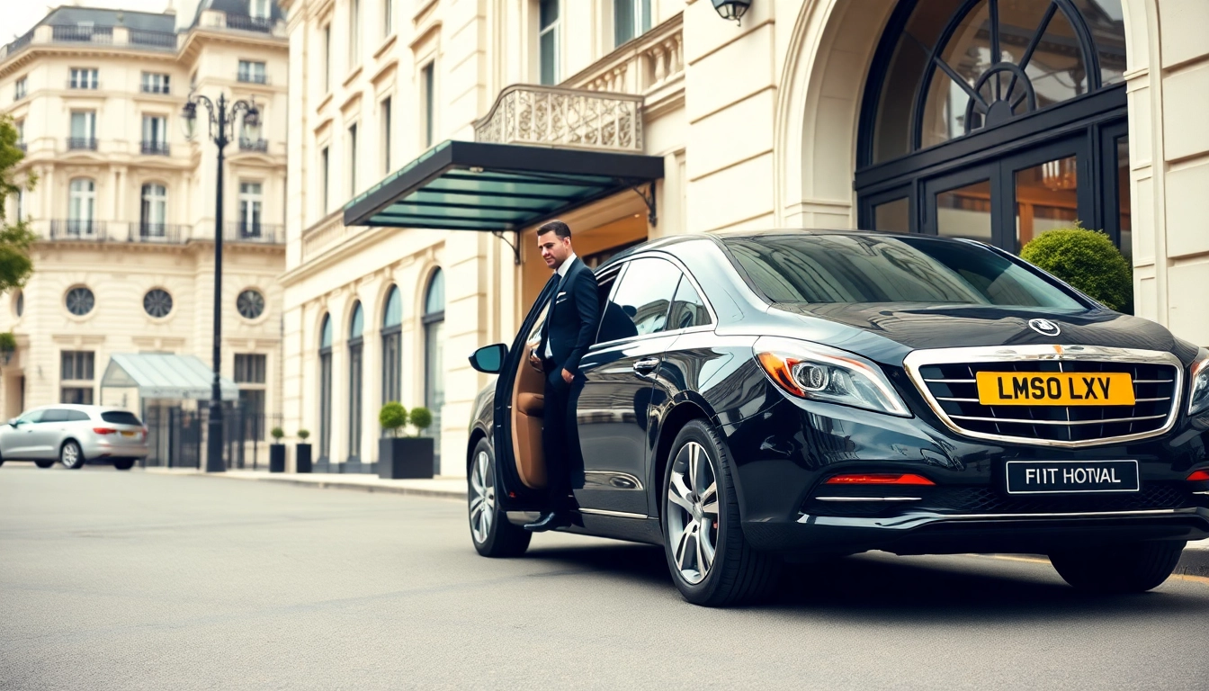 Luxury chauffeur service London with a professional chauffeur assisting a guest outside a luxury hotel.