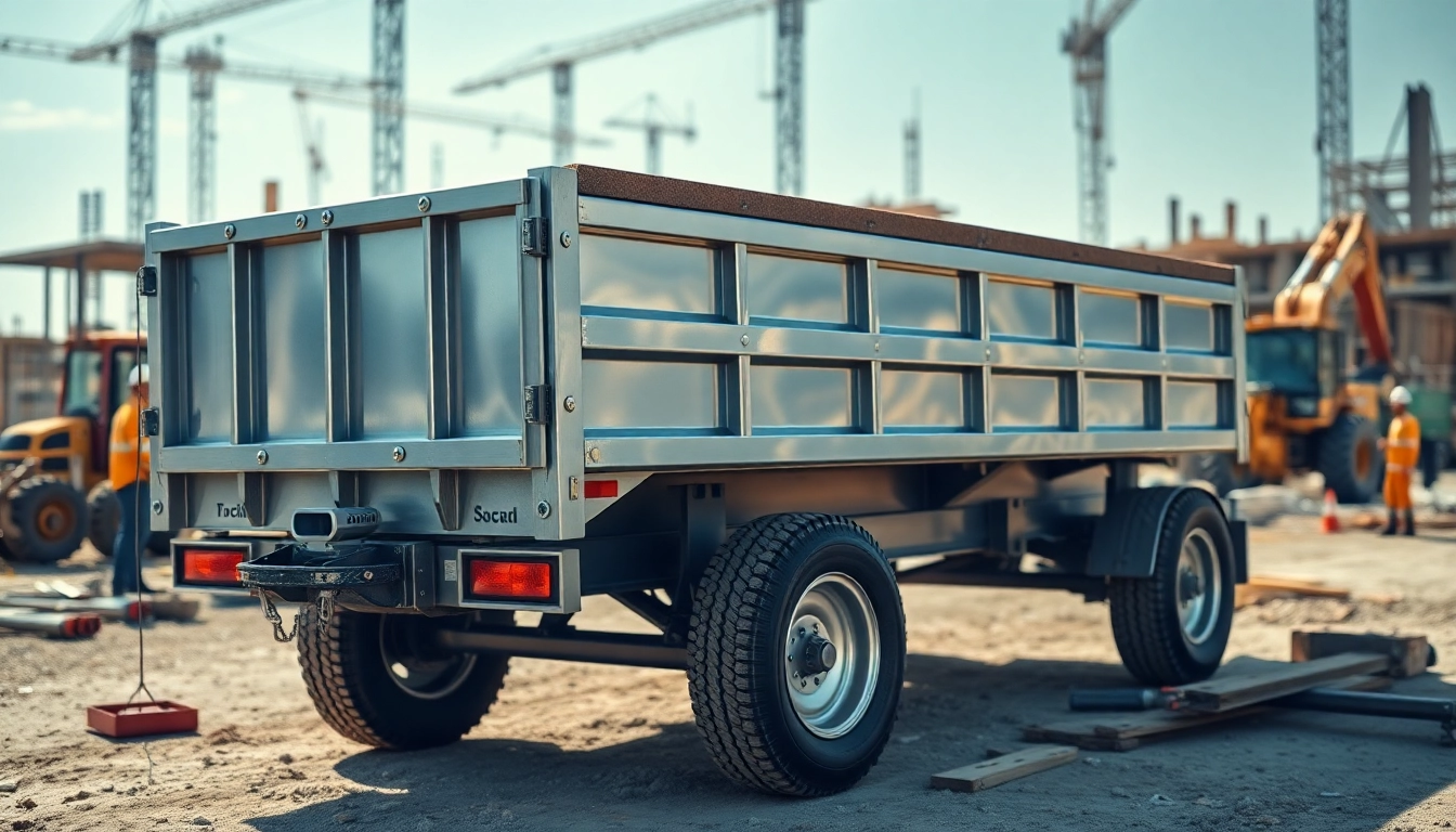 Featured used dump trailer for sale near me in a busy construction environment.