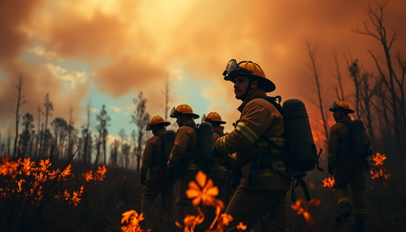 Wildfire events showcased through firefighters bravely battling flames in a dramatic wilderness setting.