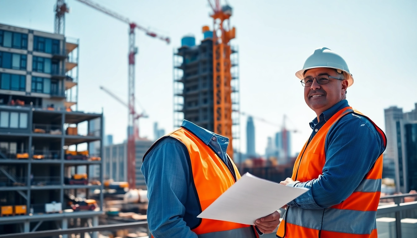 Manhattan Construction Manager reviewing plans at an active construction site for project oversight.