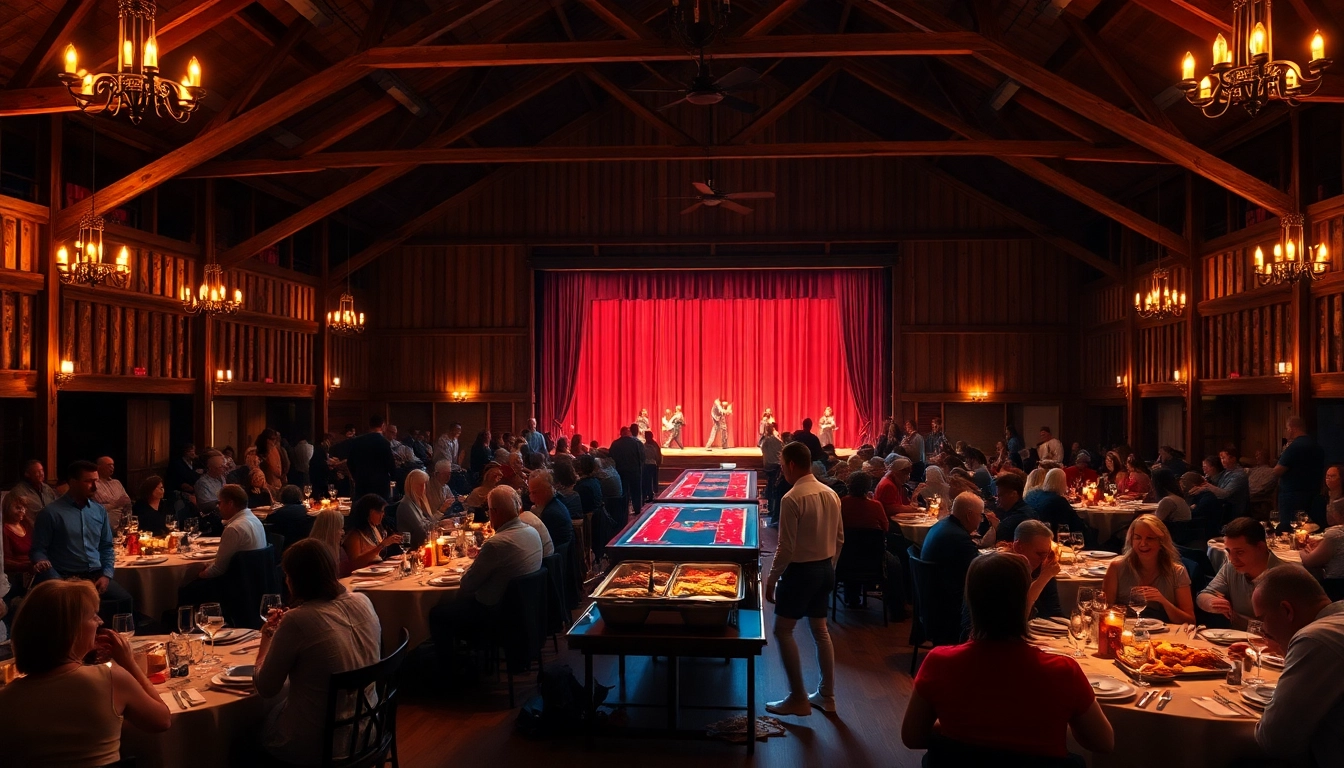 Guests enjoying dinner at a barn dinner theater with a lively atmosphere and rustic decor.