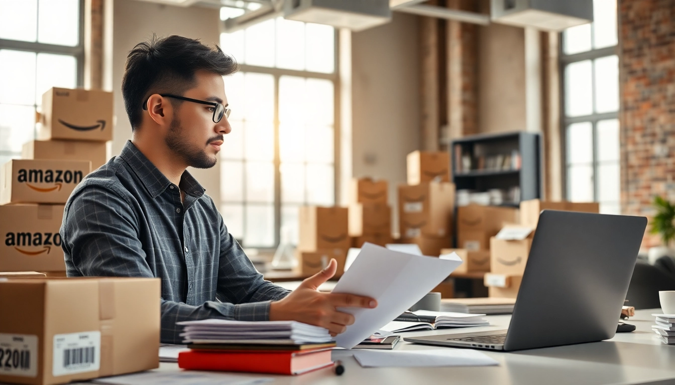 Analyze amazon fba wholesale products in a bright office setting with catalogs and packages.