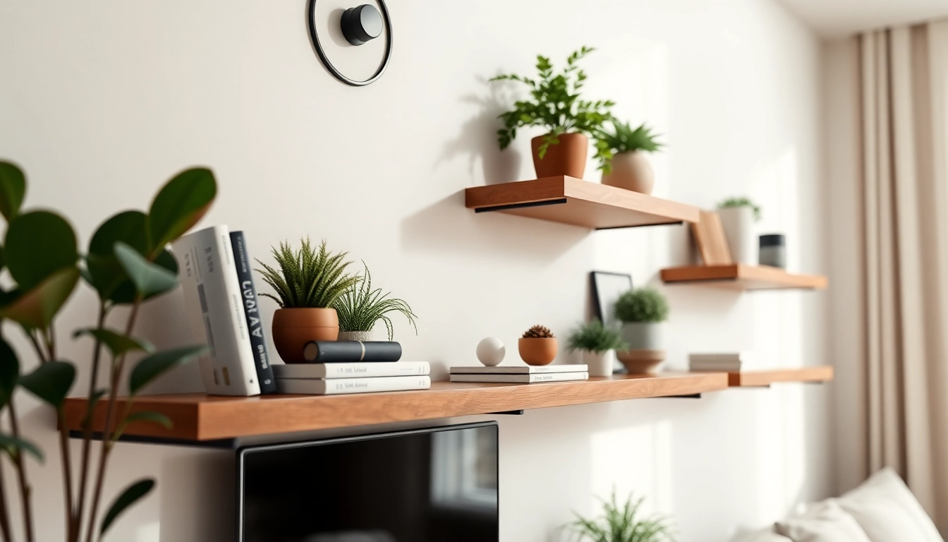 Stylish minimalist wall rack featuring smooth wooden shelves elegantly holding decor and books.