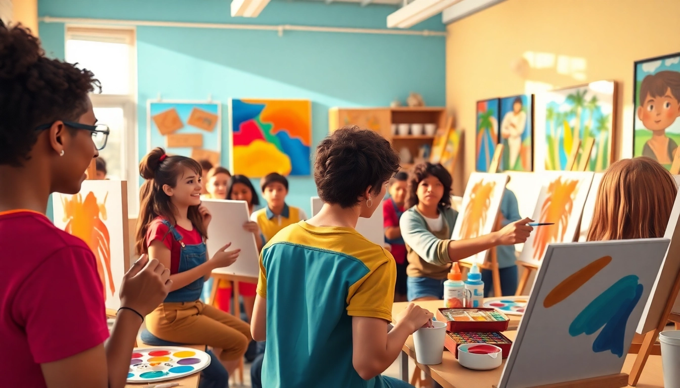 Engaging art lessons featuring an instructor guiding students with vibrant artwork.