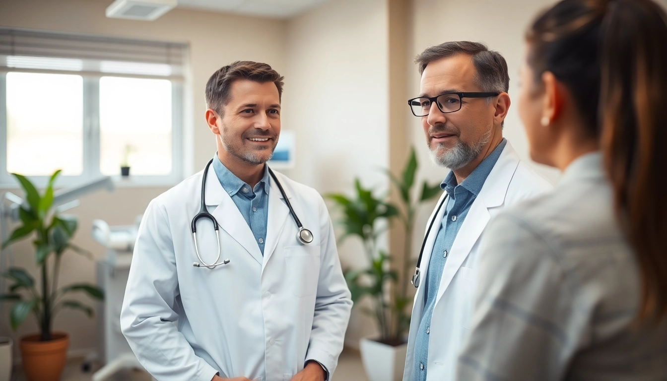 Dr. Parker consulting with a patient in a modern, inviting medical clinic.
