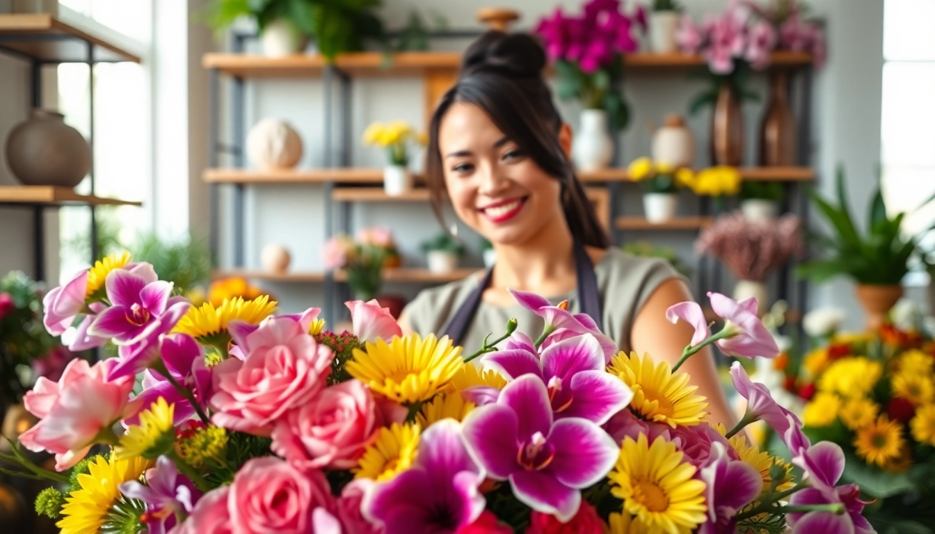 Bright and colorful scene of flower delivery Diamond Creek with a florist arranging vibrant blooms.
