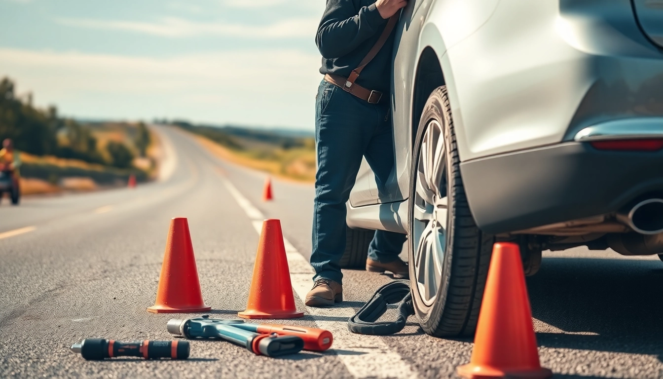Wymiana koła Mikołów - Mechanik zmienia koło na poboczu drogi z użyciem narzędzi.