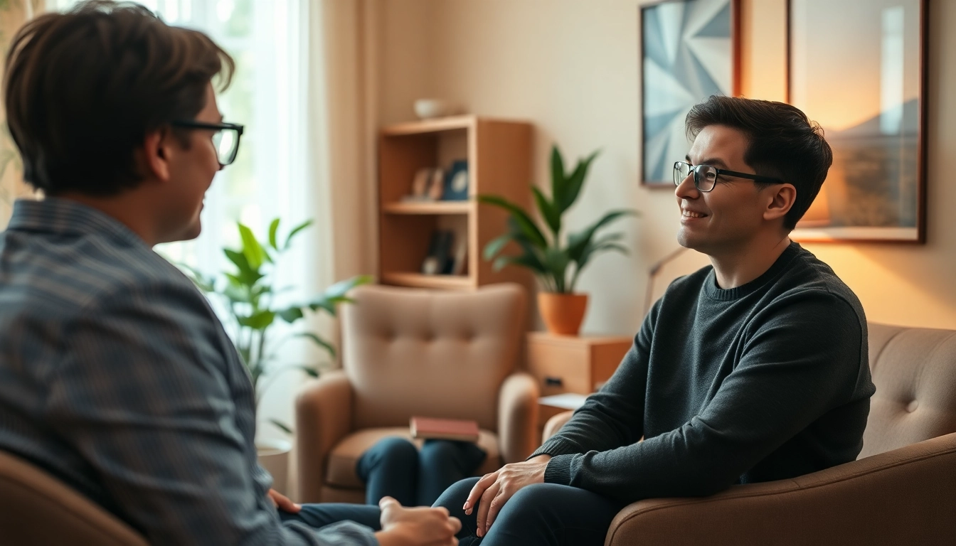 Engaging psychotherapy dubai session between a therapist and client in a calming office setting.