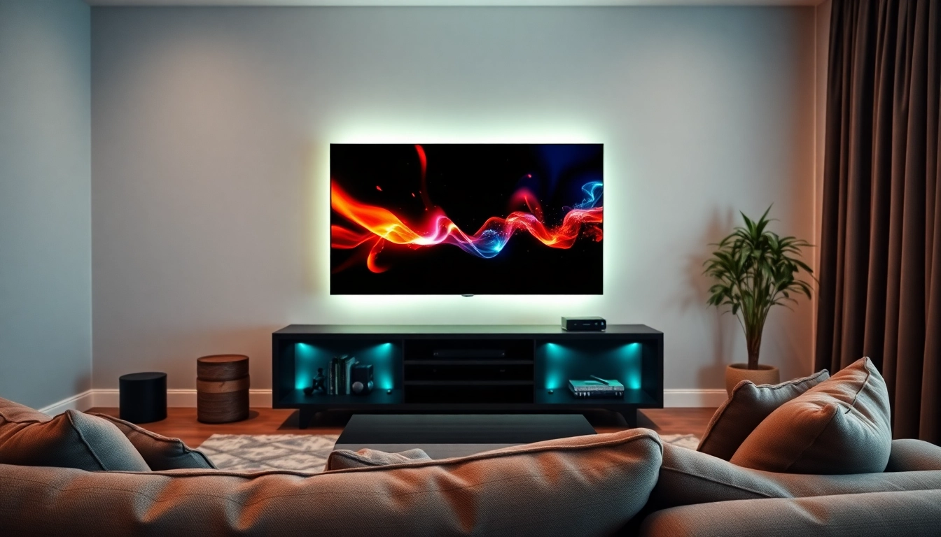 Comprar IPTV en una configuración moderna de sala de estar con un televisor de pantalla plana
