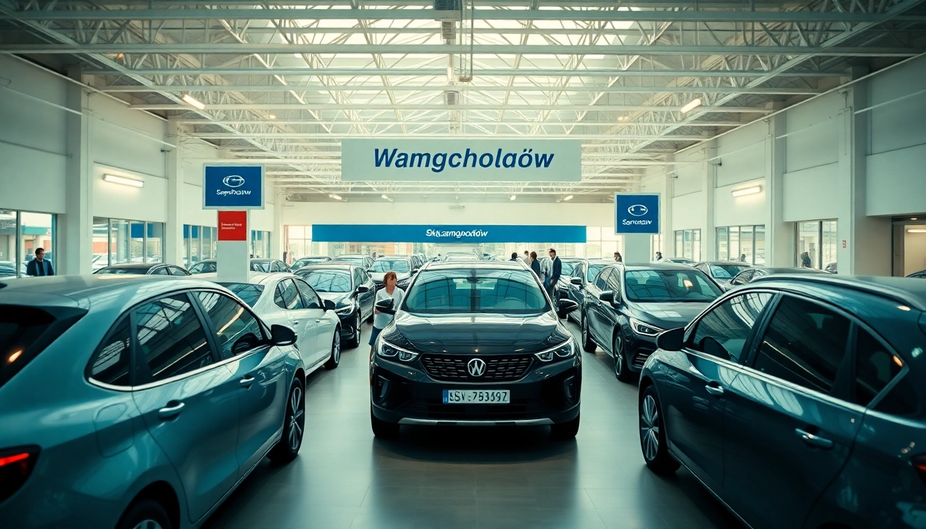Skup samochodów Warszawa w nowoczesnym salonie samochodowym z pojazdami wystawionymi do sprzedaży.