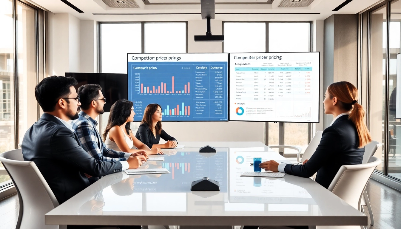 Analyze competitor pricing strategies in a modern office setting with focused teamwork.