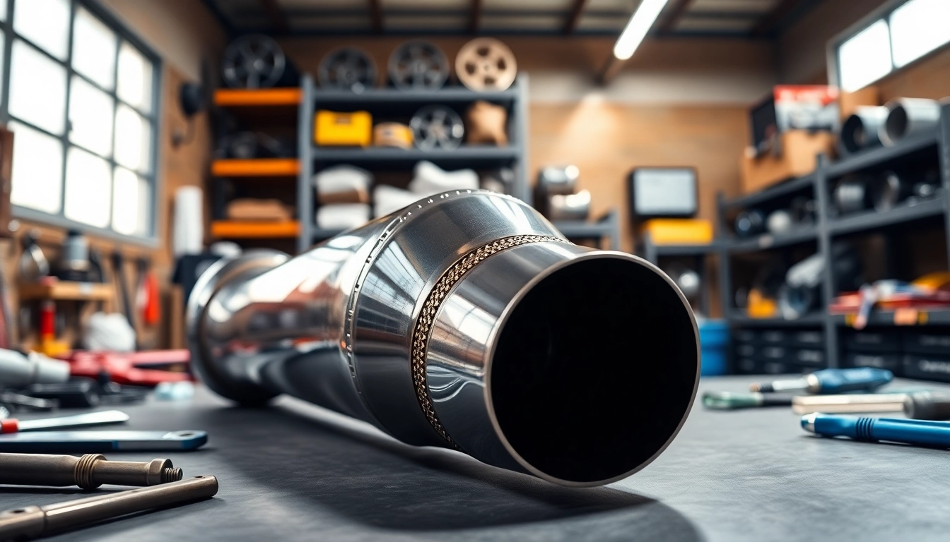 Inspecting s63 downpipes in an automotive workshop with tools and car parts.