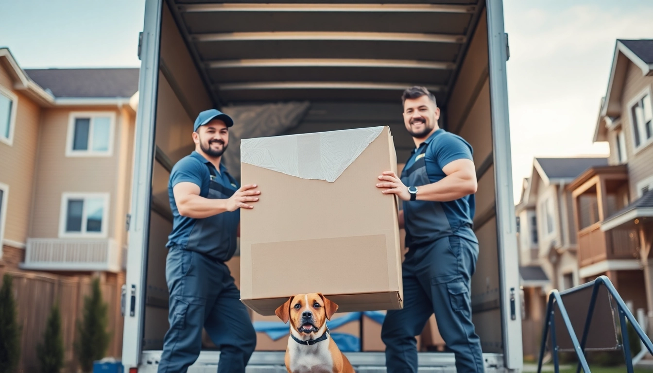Movers Calgary packing boxes with care during a professional move in a residential area.